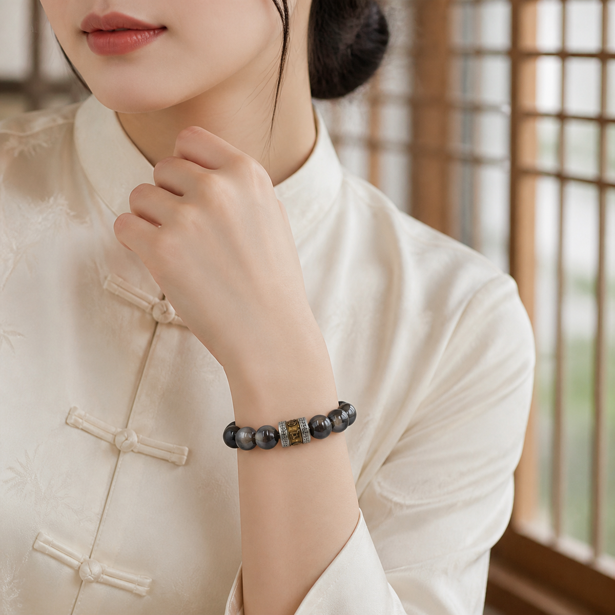 Silver Sheen Obsidian Bracelet – Protection & Calming Energy – worn on wrist