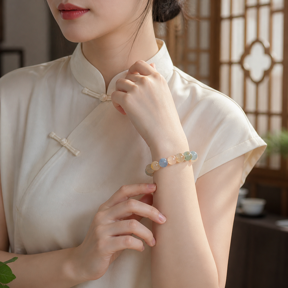 Rutilated Quartz Bracelet – Abundance & Vitality – worn on wrist