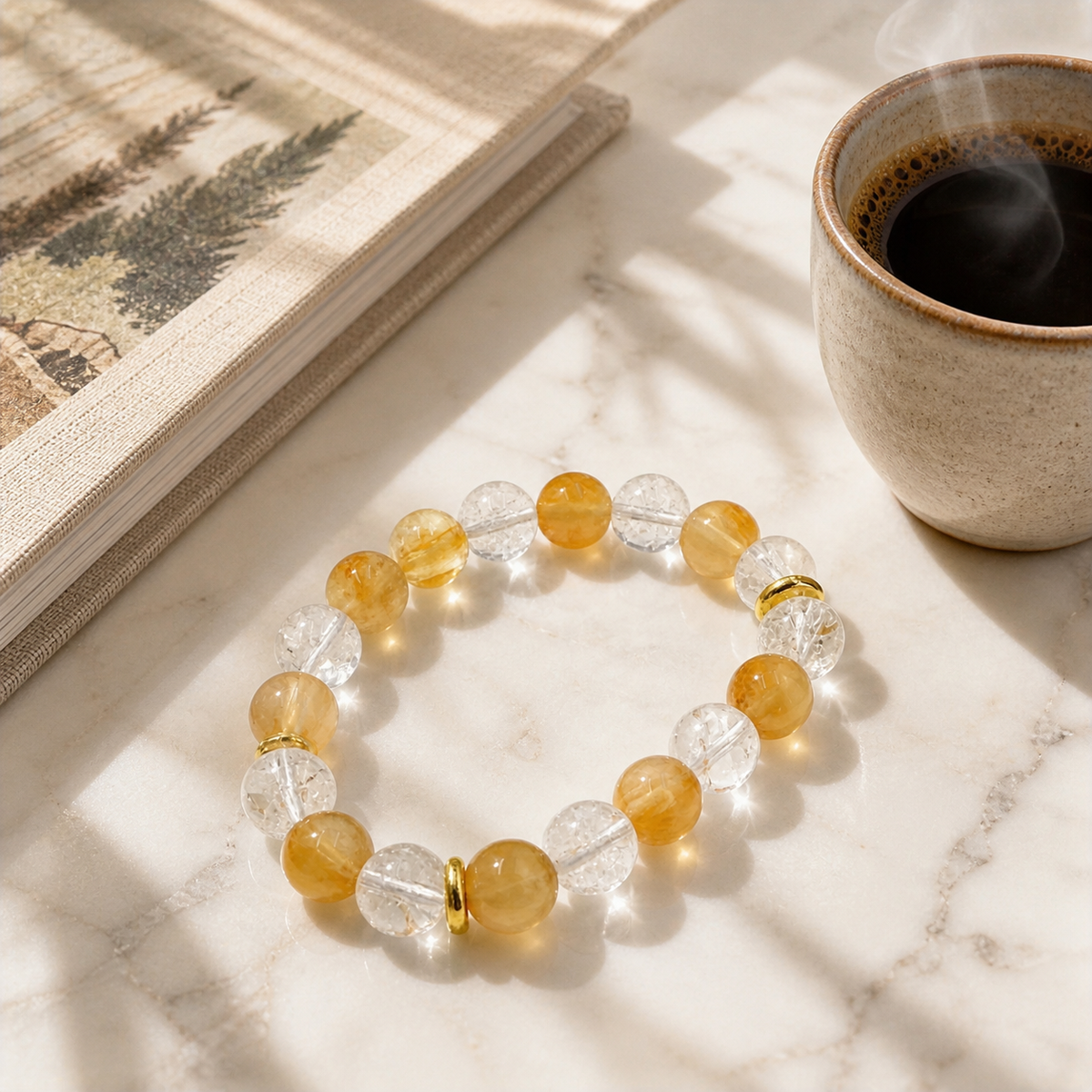 Yellow Fluorite & Aqua Aura Bracelet – Clarity & Spirit – lifestyle scene