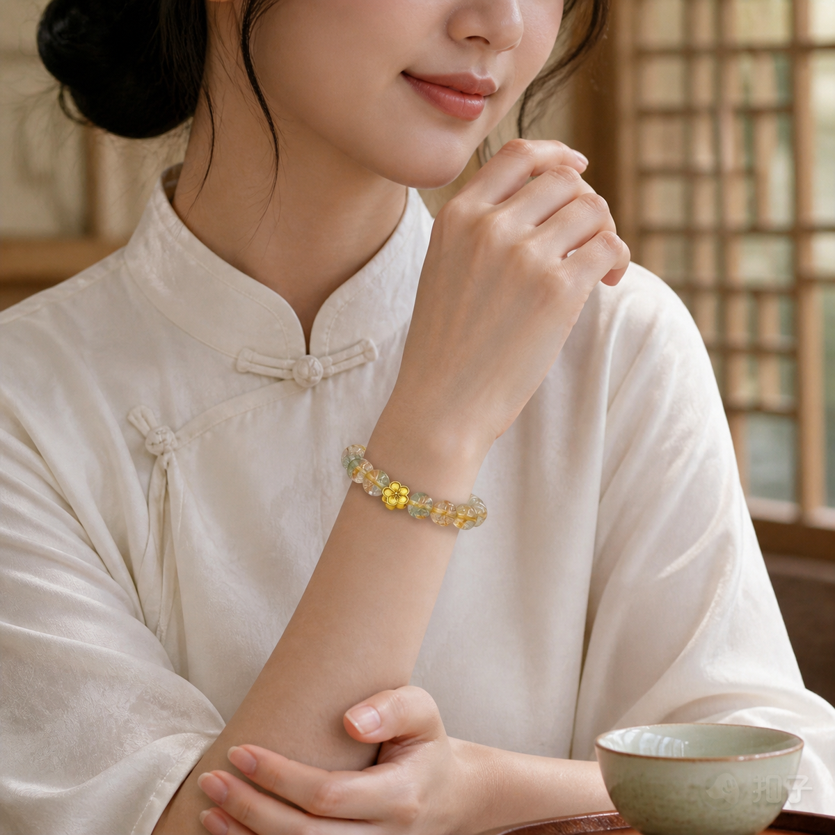 Rutilated Quartz Bracelet – Romance & Peach Blossom Luck – worn on wrist