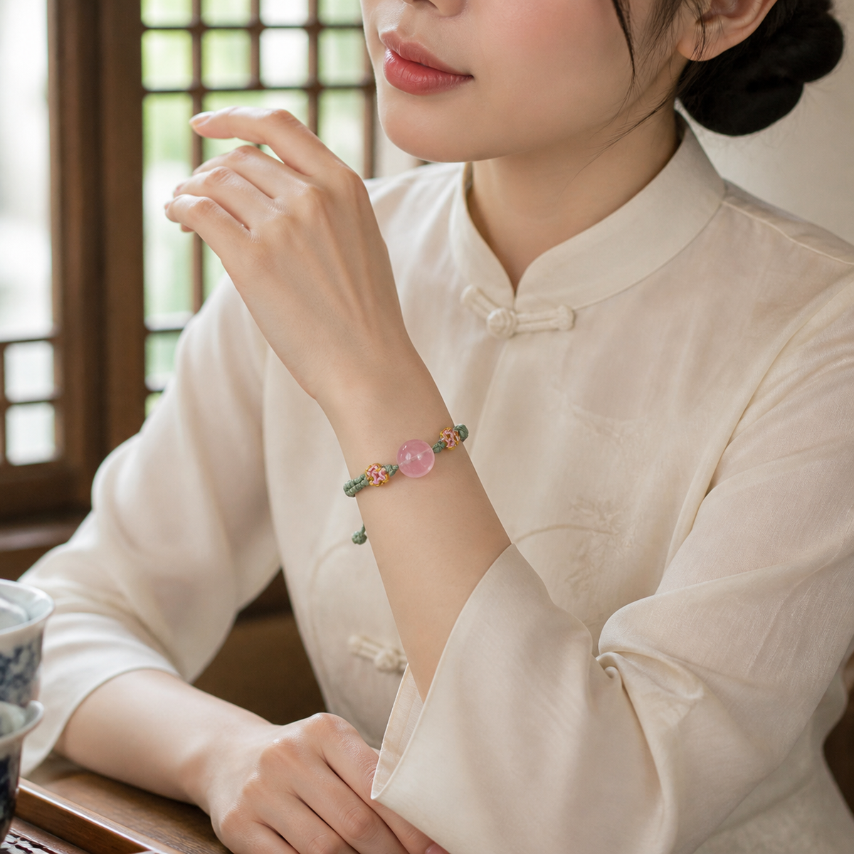 Rose Quartz Woven Bracelet – Self-Love & Romance – worn on wrist