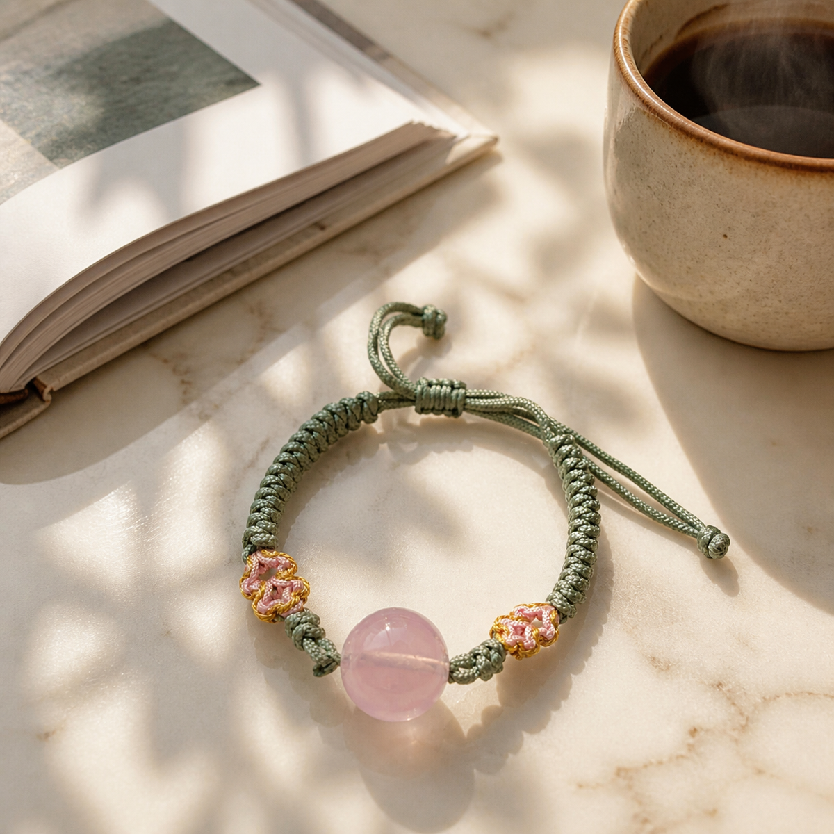 Rose Quartz Woven Bracelet – Self-Love & Romance – lifestyle scene
