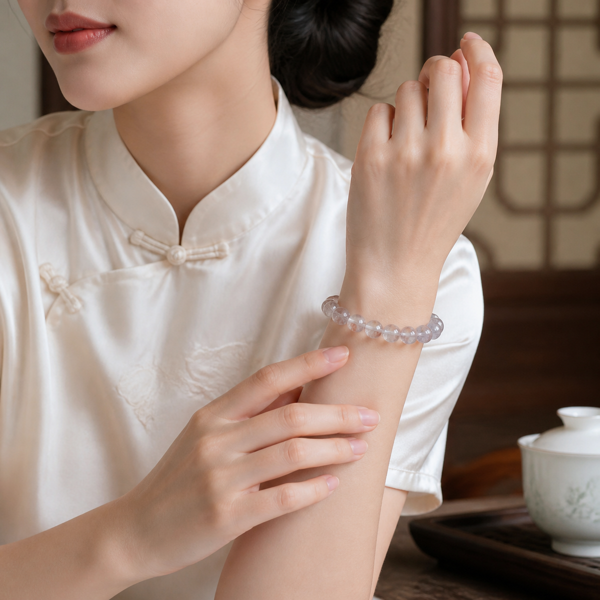 Pink-Purple Rutilated Quartz Bracelet – Dreams & Healing – worn on wrist