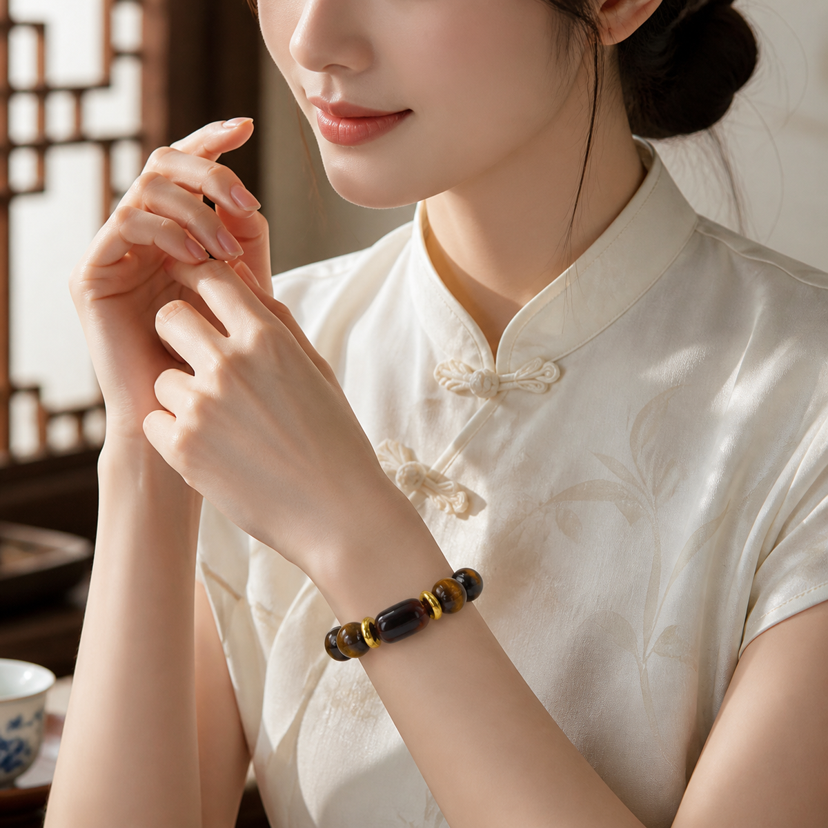 Tiger's Eye & Skeletal Quartz Bracelet – Insight & Power – worn on wrist