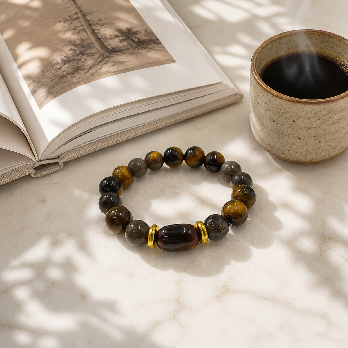 Tiger's Eye & Skeletal Quartz Bracelet – Insight & Power – lifestyle scene