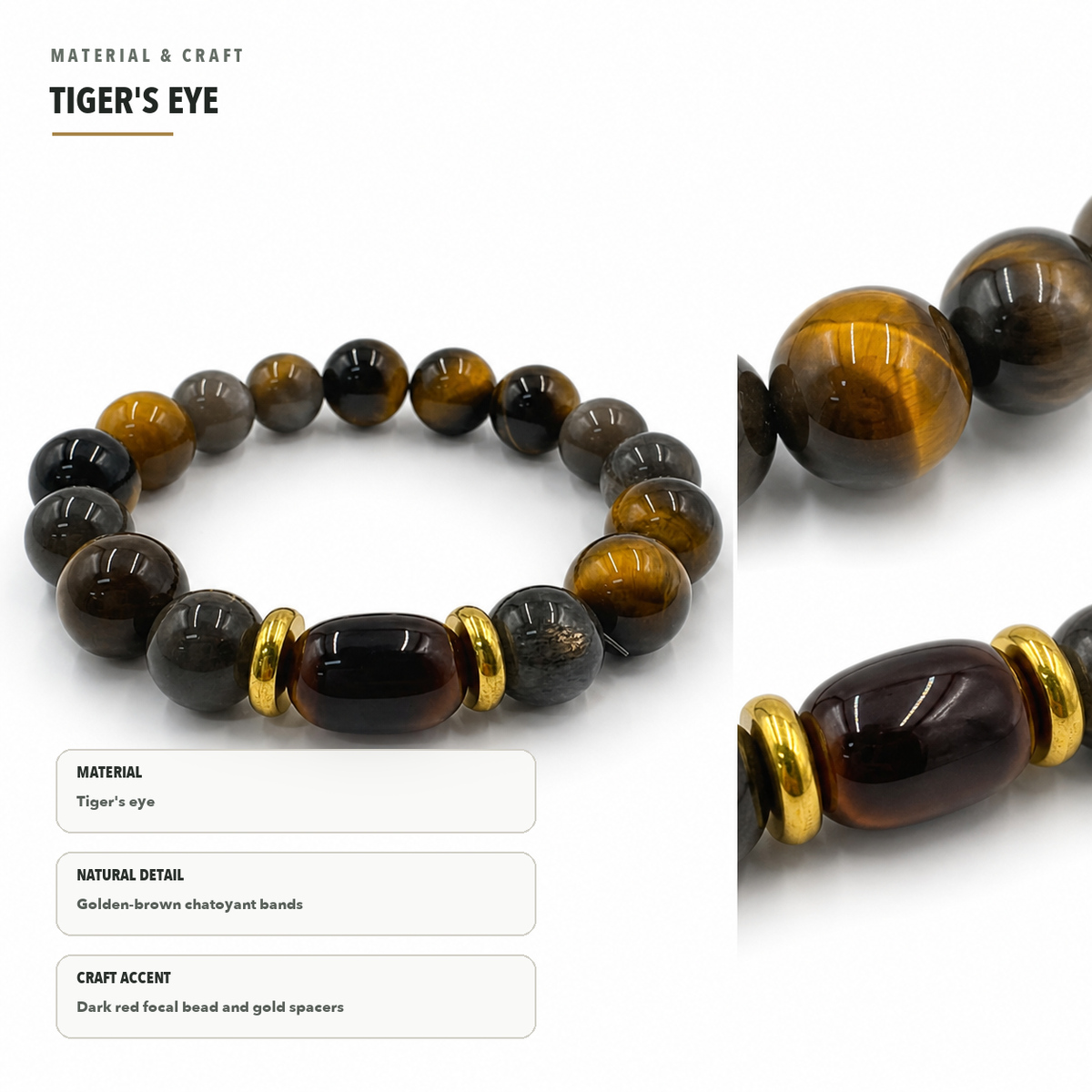 Tiger's Eye & Skeletal Quartz Bracelet – Insight & Power – material details